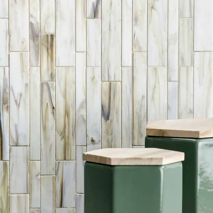 Matchstix Aura White Brick Polished Glass Mosaic; in White with Hint of Brown + Gray Stained Glass; for Backsplash, Kitchen Wall, Wall Tile, Bathroom Wall, Shower Wall, Outdoor Wall, Pool Tile; in Style Ideas Beach, Classic, Contemporary, Tropical