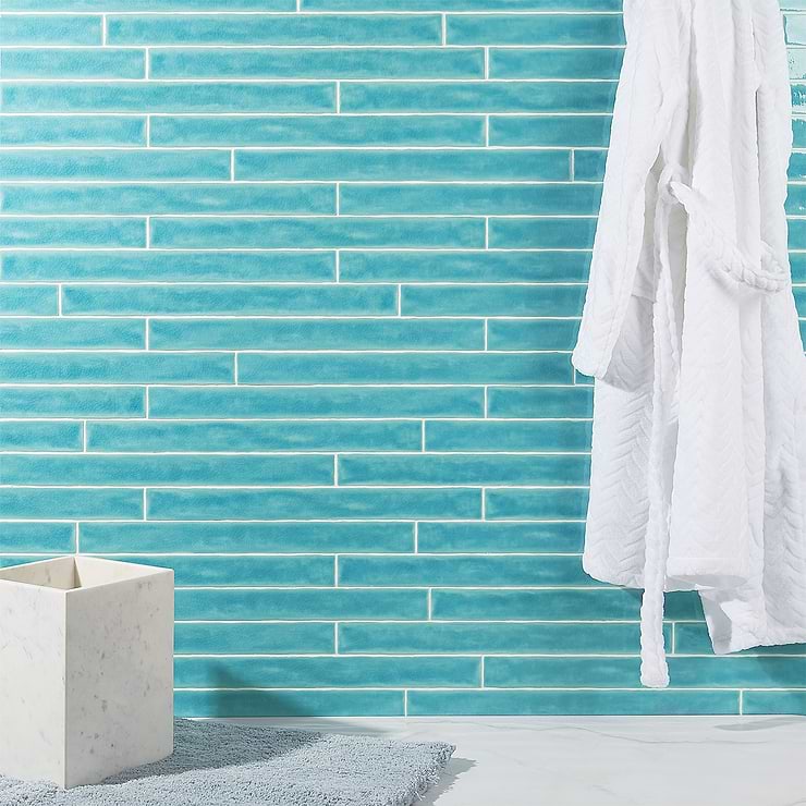 Carolina Bay 2x20 Polished Crackled Ceramic Wall Tile, Blue + Turquoise