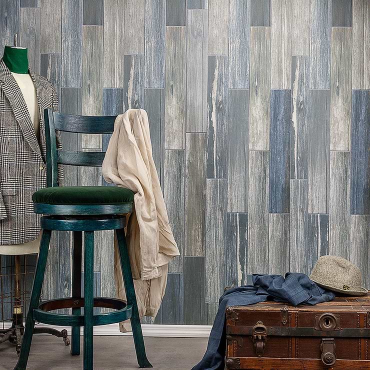Copse Sky Blue 4x24 Matte Porcelain Wood Look Tile; in Blue, Light Blue, Dark Blue Porcelain; for Backsplash, Floor Tile, Kitchen Floor, Kitchen Wall, Wall Tile, Bathroom Floor, Bathroom Wall, Shower Wall, Outdoor Floor, Outdoor Wall, Commercial Floor; in Style Ideas Beach, Farmhouse, Mid Century