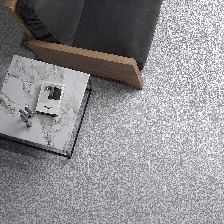 Terrazzo Hex Azulio Blue 9" Terrazzo Look Matte Porcelain Tile; in Blue + White Porcelain; for Backsplash, Floor Tile, Kitchen Floor, Kitchen Wall, Wall Tile, Bathroom Floor, Bathroom Wall, Shower Wall, Shower Floor, Outdoor Floor, Outdoor Wall, Commercial Floor, Pool Tile; in Style Ideas Craftsman, Mediterranean, Mid Century, Modern; released 2023; new, trends