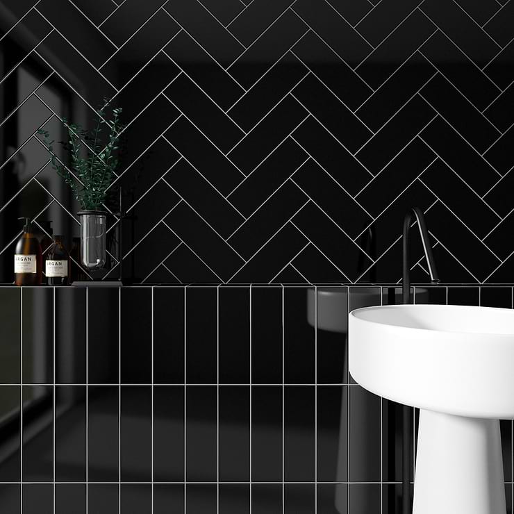 Park Hill Black 4x12 Polished Porcelain Subway Tile; in Black Porcelain; for Backsplash, Kitchen Wall, Wall Tile, Bathroom Wall, Shower Wall, Outdoor Wall, Pool Tile; in Style Ideas Art Deco, Classic, Contemporary, Farmhouse, Industrial, Modern, Traditional, Transitional