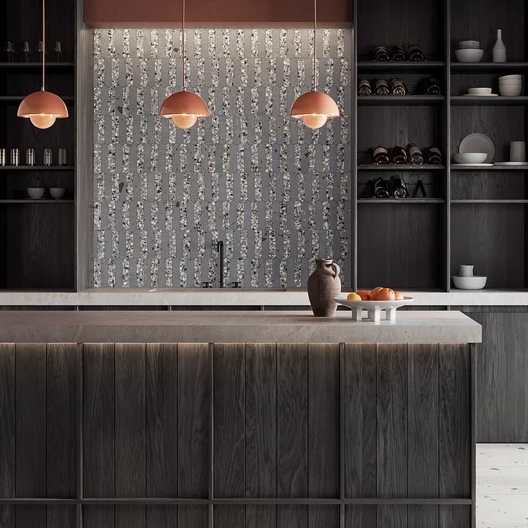 Kobe Fin Charcoal Gray 2x8 Terrazzo Look Matte Porcelain Mosaic Tile; in Charcoal with Multicolored Chips Colorbody Porcelain; for Backsplash, Floor Tile, Kitchen Floor, Kitchen Wall, Wall Tile, Bathroom Floor, Bathroom Wall, Shower Wall, Shower Floor, Outdoor Floor, Outdoor Wall, Commercial Floor, Pool Tile; in Style Ideas Beach, Contemporary, Craftsman, Industrial, Mid Century, Modern; released 2023; new, trends