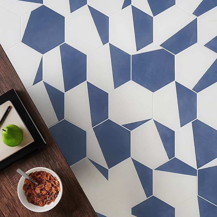 HexArt Pop Azul Blue 8" Hexagon Matte Porcelain Tile; in Blue + White Porcelain; for Backsplash, Floor Tile, Kitchen Floor, Kitchen Wall, Wall Tile, Bathroom Floor, Bathroom Wall, Shower Wall, Outdoor Wall, Commercial Floor; in Style Ideas Mid Century, Modern, Transitional, Whimsical