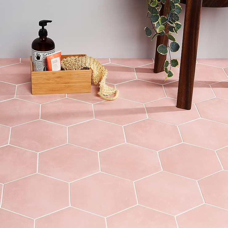 HexArt Rose Pink 8" Hexagon Matte Porcelain Tile; in Pale Rose  Porcelain ; for Backsplash, Floor Tile, Kitchen Floor, Kitchen Wall, Wall Tile, Bathroom Floor, Bathroom Wall, Shower Wall, Shower Floor, Outdoor Floor, Outdoor Wall, Commercial Floor; in Style Ideas Mid Century, Modern, Transitional, Whimsical