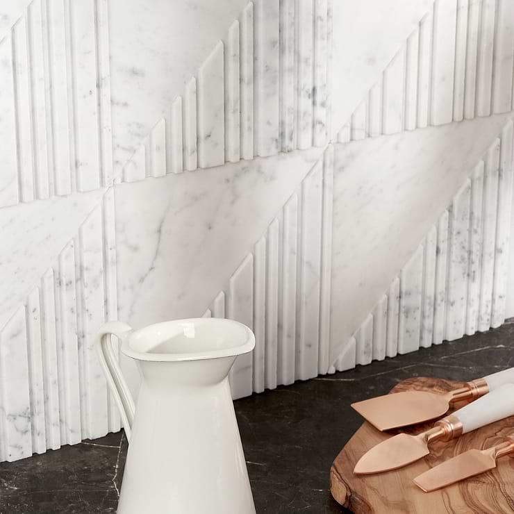 Barcode Medio Carrara White 8x8 Textured 3D Honed Marble Tile by Michael Habachy; in White Carrara; for Backsplash, Kitchen Wall, Wall Tile, Bathroom Wall, Shower Wall, Outdoor Wall; in Style Ideas Craftsman, Mid Century, Modern