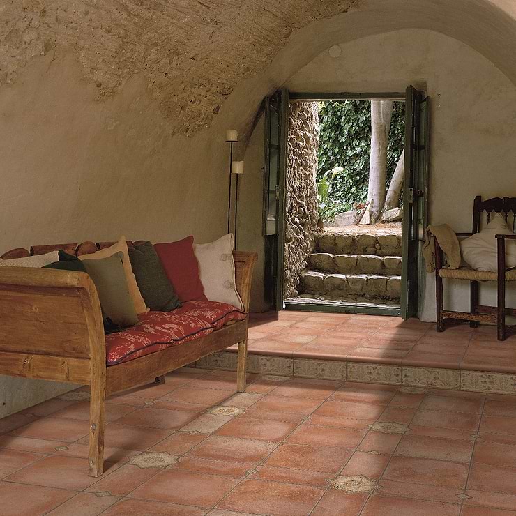Burgos Terracotta Brick Matte Porcelain Stair Tread; in Light Red Extruded Porcelain; for Backsplash, Floor Tile, Kitchen Floor, Kitchen Wall, Wall Tile, Bathroom Floor, Bathroom Wall, Shower Wall, Shower Floor, Outdoor Floor, Outdoor Wall, Commercial Floor, Pool Tile; in Style Ideas Mediterranean; released 2023; new, trends
