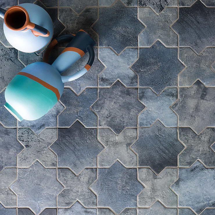 Parma Denim Blue Star & Cross 6" Matte Porcelain Tile; in Blue Extruded Porcelain; for Backsplash, Floor Tile, Kitchen Floor, Kitchen Wall, Wall Tile, Bathroom Floor, Bathroom Wall, Shower Wall, Shower Floor, Outdoor Floor, Outdoor Wall, Commercial Floor, Pool Tile; in Style Ideas Craftsman, Mediterranean, Mid Century, Traditional