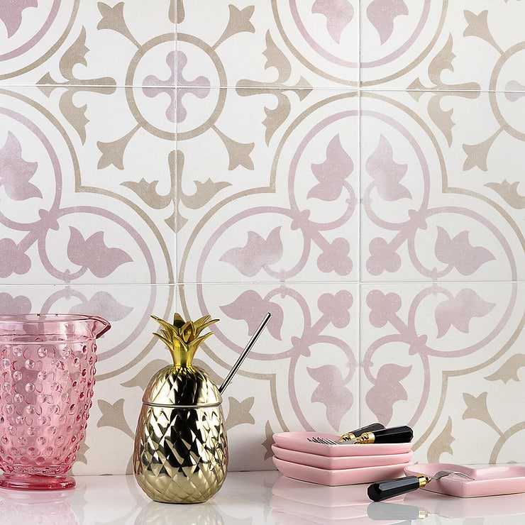 Bella Tate Beige 9X9 Matte Porcelain Tile; in Pink + Sand + White Porcelain ; for Backsplash, Floor Tile, Kitchen Floor, Kitchen Wall, Wall Tile, Bathroom Floor, Bathroom Wall, Shower Wall, Shower Floor, Outdoor Floor, Outdoor Wall, Commercial Floor; in Style Ideas Farmhouse, Mid Century, Mediterranean