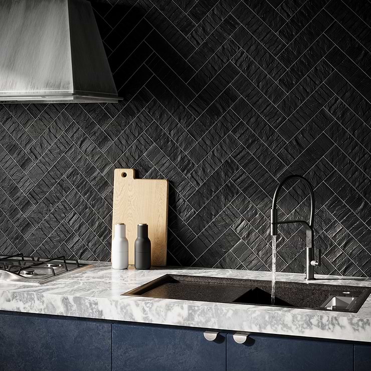 Rework Leather Black 3x12 Matte Porcelain Subway Tile; in Black Porcelain; for Backsplash, Kitchen Wall, Wall Tile, Bathroom Wall, Shower Wall, Outdoor Wall; in Style Ideas Contemporary, Craftsman, Industrial, Mid Century, Modern, Transitional; released 2023; new, trends