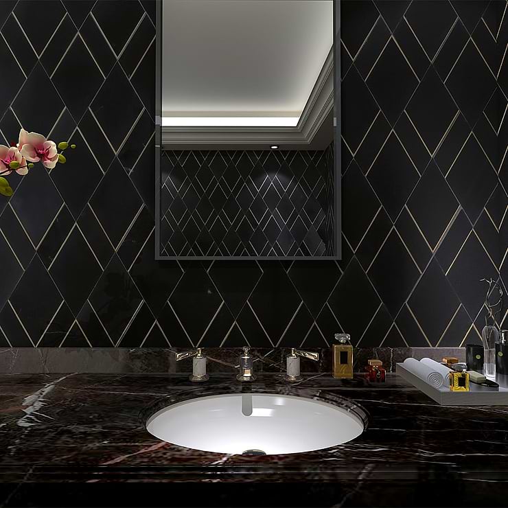 Enver Nero Black Diamond Polished Marble & Brass Mosaic; in Black and Gold  Nero Marquina + Brass; for Backsplash, Kitchen Wall, Wall Tile, Bathroom Wall, Outdoor Wall; in Style Ideas Art Deco, Contemporary; released 2023; new, trends