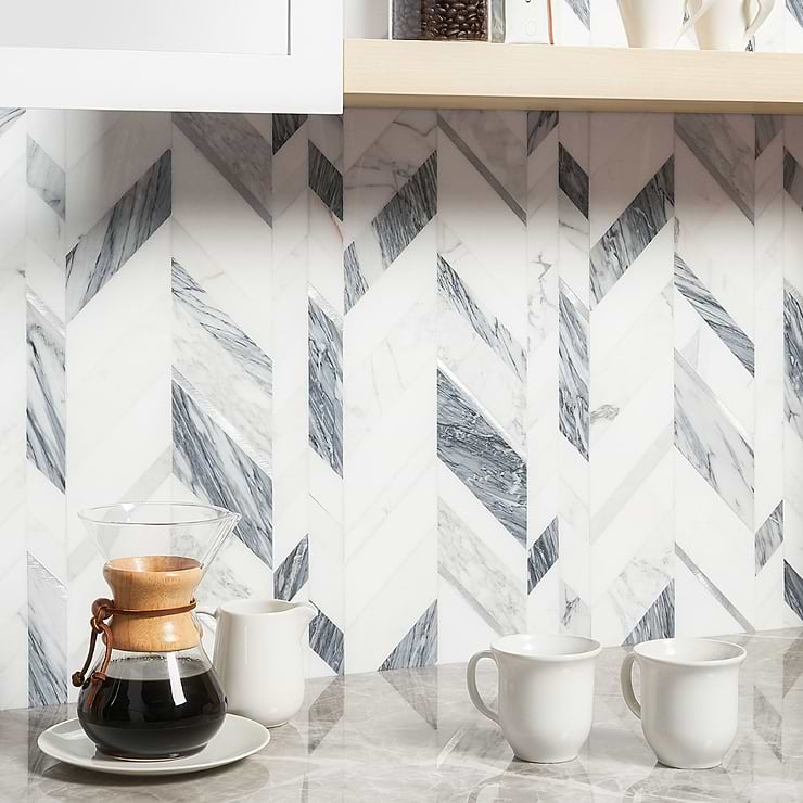 Amari Grigio Gray Chevron Polished Marble & Aluminum Mosaic; in White, Gray, Silver White Thassos + Calacutta + Grey Stone + Aluminum; for Backsplash, Kitchen Wall, Wall Tile, Bathroom Wall, Outdoor Wall; in Style Ideas Art Deco, Craftsman, Mid Century; released 2023; new, trends