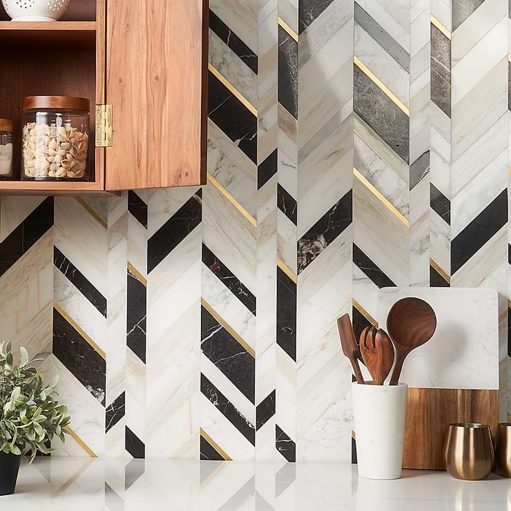 Amari Saint Laurent Brown Chevron Polished Marble & Brass Mosaic; in Brown, White, Beige, Black European Wooden Beige + Calacutta + Saint Laurant + Brass; for Backsplash, Kitchen Wall, Wall Tile, Bathroom Wall, Outdoor Wall; in Style Ideas Art Deco, Craftsman, Mid Century; released 2023; new, trends