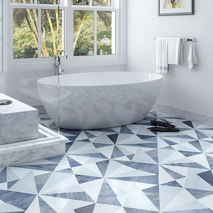 Jagger Azur Blue Multicolor Polished Marble Mosaic; in White + Gray + Blue Marble; for Backsplash, Bathroom Floor, Bathroom Wall, Commercial Floor, Floor Tile, Kitchen Floor, Kitchen Wall, Outdoor Floor, Outdoor Wall, Shower Floor, Shower Wall, Wall Tile; in Style Ideas Art Deco, Classic, Contemporary, Transitional; released 2024; new, trends