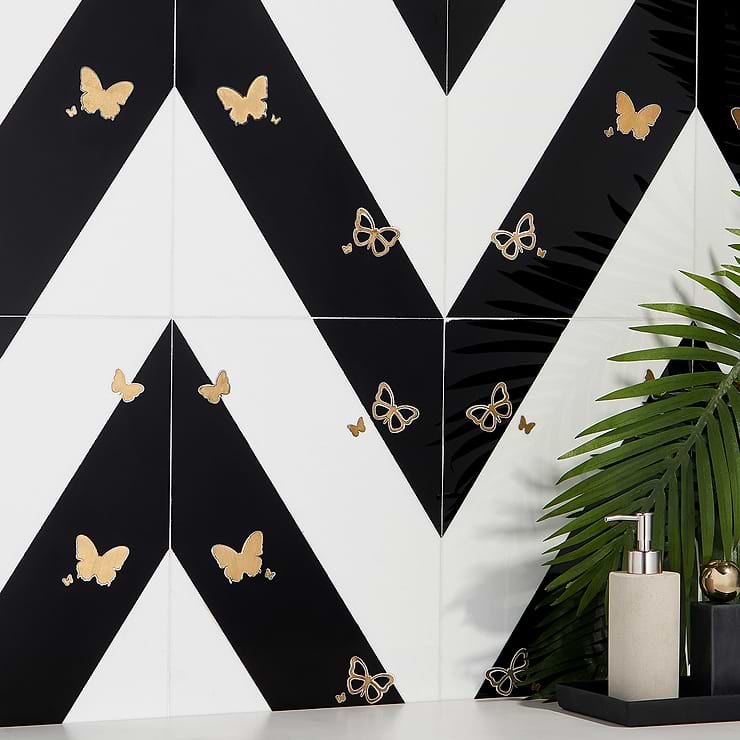 Timeless Butterflies Blanco Black & White 12x18 Polished Nanoglass & Marble Tile by Elizabeth Sutton; in Black, White and gold Nano Glass Thassos + Black Jade + Brass; for Backsplash, Floor Tile, Kitchen Floor, Kitchen Wall, Wall Tile, Bathroom Floor, Bathroom Wall, Shower Wall, Outdoor Wall, Commercial Floor; in Style Ideas Art Deco, Mid Century