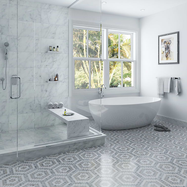 Juno Honeycomb Beige and Gray 1" Hexagon Polished Marble Mosaic Tile