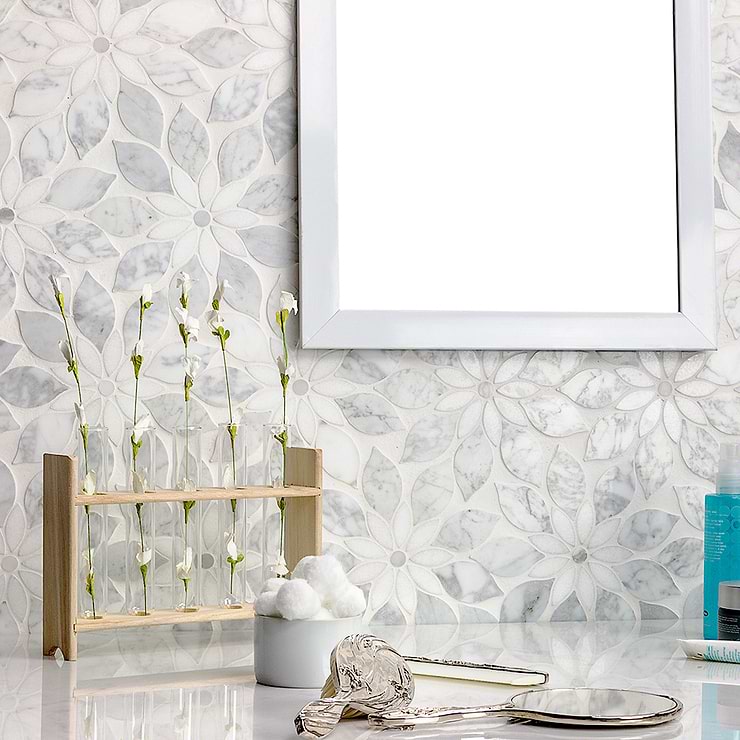 Wildflower Winds Breath White Polished Marble Mosaic; in White & Gray Thassos + Carrara; for Backsplash, Floor Tile, Kitchen Floor, Kitchen Wall, Wall Tile, Bathroom Floor, Bathroom Wall, Shower Wall, Shower Floor, Outdoor Floor, Outdoor Wall, Commercial Floor; in Style Ideas Farmhouse, Mid Century, Tropical
