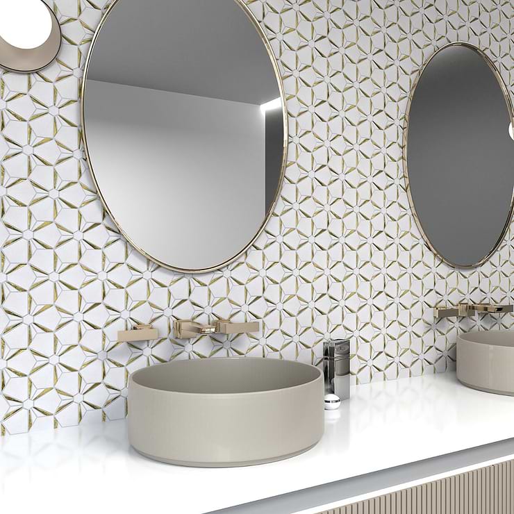 Euphoria Glass Arctic Gold Hexagon Polished Marble Mosaic; in White and Gold Marble + Glass; for Backsplash, Floor Tile, Kitchen Floor, Kitchen Wall, Wall Tile, Bathroom Floor, Bathroom Wall, Shower Wall, Shower Floor, Outdoor Wall; in Style Ideas Art Deco, Classic, Contemporary, Traditional, Transitional