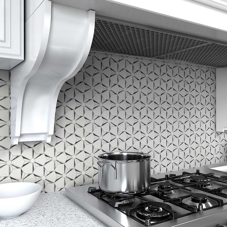 Euphoria Glass Arctic Silver Hexagon Polished  Marble Mosaic; in White, Silver Marble + Glass; for Backsplash, Floor Tile, Kitchen Floor, Kitchen Wall, Wall Tile, Bathroom Floor, Bathroom Wall, Shower Wall, Shower Floor, Outdoor Wall; in Style Ideas Art Deco, Classic, Contemporary, Traditional, Transitional