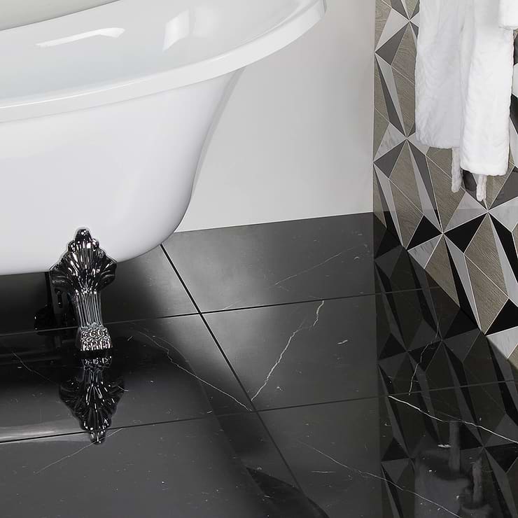 Nero Marquina 6x24 and 24x24 Polished Marble Tile  - Sample; in Black  Nero Marquina ; for Backsplash, Floor Tile, Kitchen Floor, Kitchen Wall, Wall Tile, Bathroom Floor, Bathroom Wall, Shower Wall, Shower Floor, Outdoor Floor, Outdoor Wall, Commercial Floor