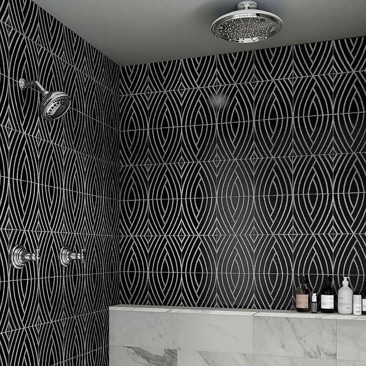 New Palm Beach by Krista Watterworth Leaf Black Polished Marble Mosaic