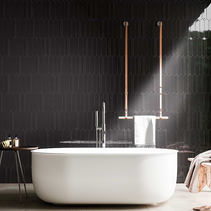 Kent Antracite Dark Gray 3x12 Picket Polished Ceramic Tile; in Brown Ceramic; for Backsplash, Kitchen Wall, Wall Tile, Bathroom Wall, Shower Wall; in Style Ideas Beach, Classic, Contemporary, Cottage, Craftsman, Farmhouse, Mid Century, Modern, Traditional, Transitional