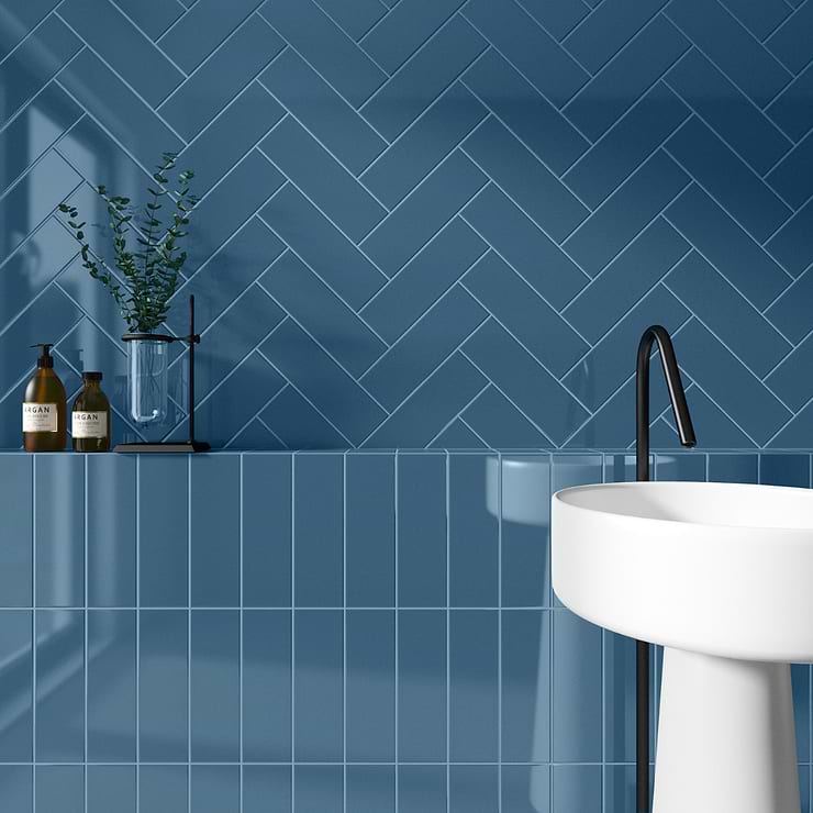 Park Hill Blue 4x12 Polished Porcelain Subway Tile; in Blue Porcelain; for Backsplash, Kitchen Wall, Wall Tile, Bathroom Wall, Shower Wall, Outdoor Wall, Pool Tile; in Style Ideas Beach, Classic, Contemporary, Cottage, Farmhouse, Industrial, Traditional, Transitional