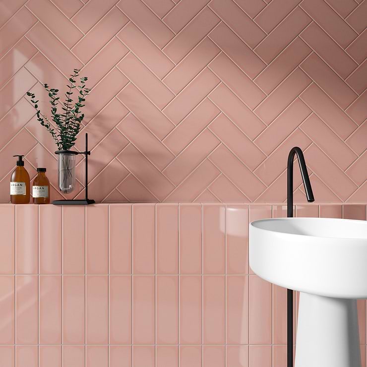 Park Hill Pink 4X12 Polished Porcelain Subway Tile; in Coral + Pink Porcelain; for Backsplash, Kitchen Wall, Wall Tile, Bathroom Wall, Shower Wall, Outdoor Wall, Pool Tile; in Style Ideas Classic, Contemporary, Cottage, Farmhouse, Industrial, Traditional, Transitional
