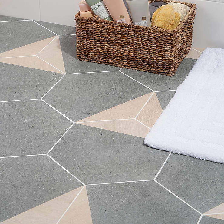 Pergola Wood Graphite Gray 12.5" Hexagon Matte Porcelain Tile; in Gray + Tan Porcelain; for Backsplash, Floor Tile, Kitchen Floor, Kitchen Wall, Wall Tile, Bathroom Floor, Bathroom Wall, Shower Wall, Shower Floor, Outdoor Floor, Outdoor Wall, Commercial Floor, Pool Tile; in Style Ideas Contemporary, Craftsman, Industrial, Mid Century, Modern; released 2023; new, trends