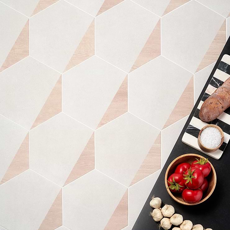 Pergola Wood White 12.5" Hexagon Matte Porcelain Tile; in White + Tan  Porcelain; for Backsplash, Floor Tile, Kitchen Floor, Kitchen Wall, Wall Tile, Bathroom Floor, Bathroom Wall, Shower Wall, Shower Floor, Outdoor Floor, Outdoor Wall, Commercial Floor, Pool Tile; in Style Ideas Contemporary, Craftsman, Industrial, Mid Century, Modern; released 2023; new, trends