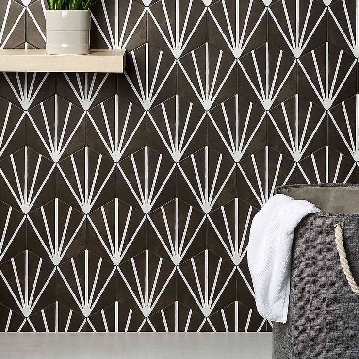 HexArt Deco Nero Black 8" Hexagon Matte Porcelain Tile; in Black + White  Porcelain ; for Backsplash, Floor Tile, Kitchen Floor, Kitchen Wall, Wall Tile, Bathroom Floor, Bathroom Wall, Shower Wall, Shower Floor, Outdoor Floor, Outdoor Wall, Commercial Floor; in Style Ideas Mid Century, Modern, Transitional