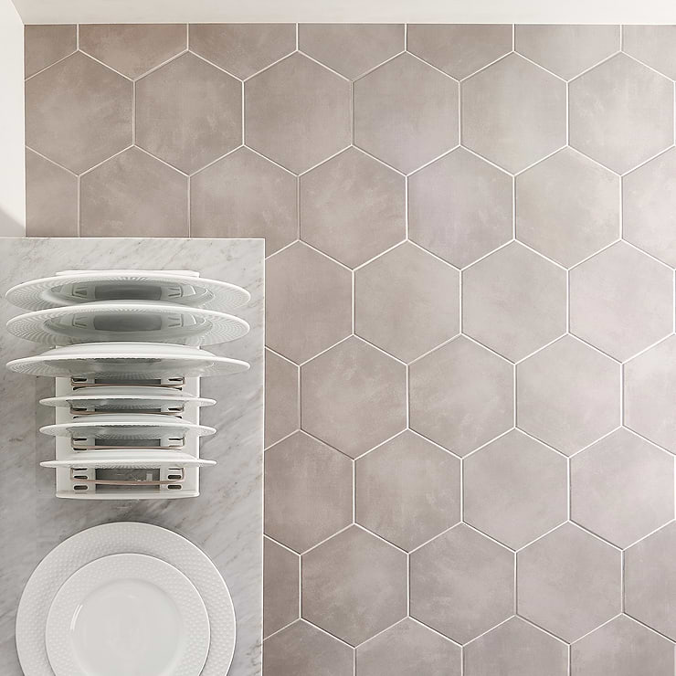HexArt Gris Gray 8" Hexagon Matte Porcelain Tile; in Grayish Beige  Porcelain ; for Backsplash, Floor Tile, Kitchen Floor, Kitchen Wall, Wall Tile, Bathroom Floor, Bathroom Wall, Shower Wall, Shower Floor, Outdoor Floor, Outdoor Wall, Commercial Floor; in Style Ideas Mid Century, Modern, Transitional, Whimsical