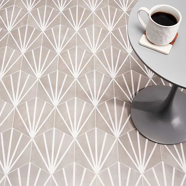 HexArt Deco Gris Gray 8" Hexagon Matte Porcelain Tile; in Grayish Beige + White  Porcelain ; for Backsplash, Floor Tile, Kitchen Floor, Kitchen Wall, Wall Tile, Bathroom Floor, Bathroom Wall, Shower Wall, Shower Floor, Outdoor Floor, Outdoor Wall, Commercial Floor; in Style Ideas Mid Century, Modern, Transitional, Whimsical