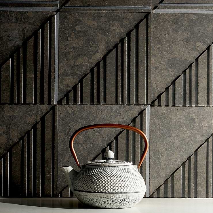 Barcode Medio Nova Gray 8x8 Textured 3D Honed Marble Tile by Michael Habachy; in Grey Limestone; for Backsplash, Kitchen Wall, Wall Tile, Bathroom Wall, Shower Wall, Outdoor Wall; in Style Ideas Craftsman, Industrial, Mid Century, Modern
