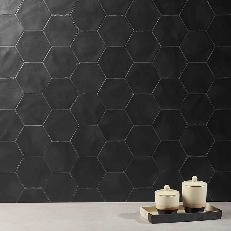 Sasha Hex Nero Black 6" Hexagon Matte Porcelain Tile; in Black Porcelain ; for Backsplash, Floor Tile, Kitchen Floor, Kitchen Wall, Wall Tile, Bathroom Floor, Bathroom Wall, Shower Wall, Shower Floor, Outdoor Wall, Commercial Floor; in Style Ideas Beach, Classic, Craftsman, Farmhouse, Mediterranean, Mid Century, Tropical