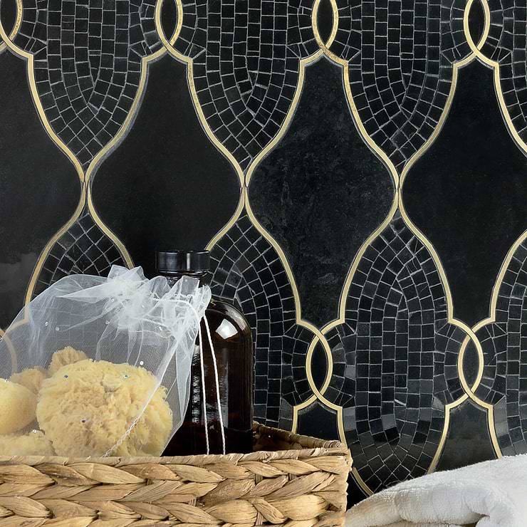 Duchess Ana Black Arabesque Polished Marble & Brass Mosaic; in Black & Brass Black Marble; for Backsplash, Kitchen Wall, Wall Tile, Bathroom Wall; in Style Ideas Art Deco, Traditional, Transitional