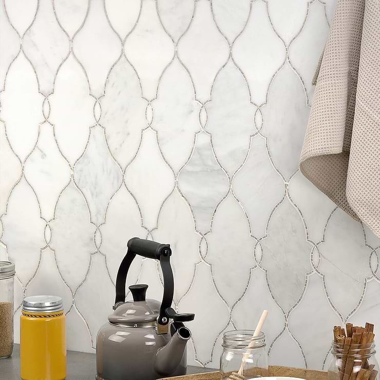 Duchess Louisa White Arabesque Polished Marble Mosaic; in White & Gray Asian Statuary + Temple Gray; for Backsplash, Bathroom Floor, Bathroom Wall, Commercial Floor, Floor Tile, Kitchen Floor, Kitchen Wall, Outdoor Wall, Shower Floor, Shower Wall, Wall Tile; in Style Ideas Art Deco, Traditional, Transitional