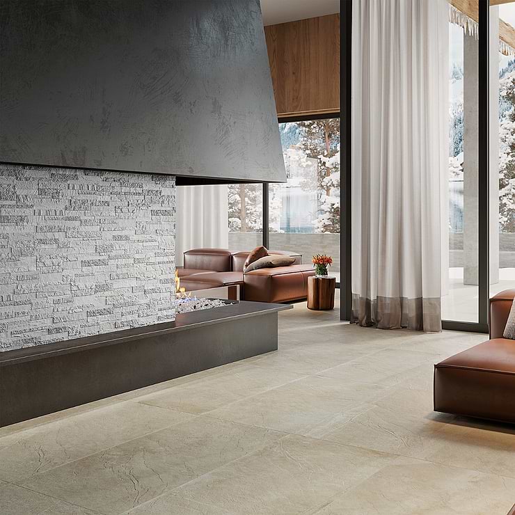 Rugged Stacked Cold White 6x24 Matte Porcelain Ledger Stone Veneer