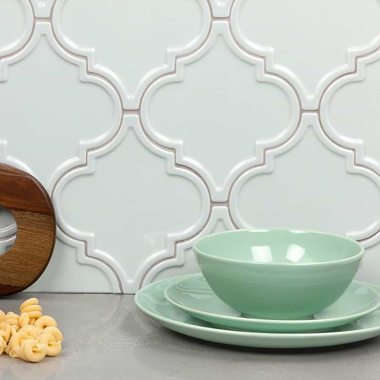 Byzantine Alice Blue Arabesque Polished Ceramic Mosaic; in Seafoam (Green + Blue Hue) Ceramic; for Backsplash, Kitchen Wall, Wall Tile, Bathroom Wall, Shower Wall; in Style Ideas Contemporary, Whimsical