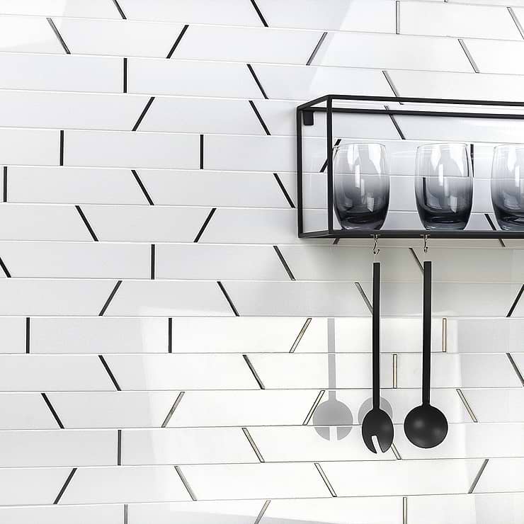 Matrix Black & White Trapezoid Porcelain & Steel Mosaic; in White + Steel Crystallized Glass over Porcelain + Steel; for Backsplash, Kitchen Wall, Wall Tile, Bathroom Wall, Shower Wall; in Style Ideas Contemporary, Craftsman, Modern, Transitional, Whimsical