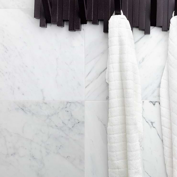 Calacatta Statuario White 12X12 Polished Marble Tile; in White & Gray Veins Statuario; for Backsplash, Floor Tile, Kitchen Floor, Kitchen Wall, Wall Tile, Bathroom Floor, Bathroom Wall, Shower Wall, Shower Floor, Outdoor Wall, Commercial Floor; in Style Ideas Art Deco, Craftsman, Modern