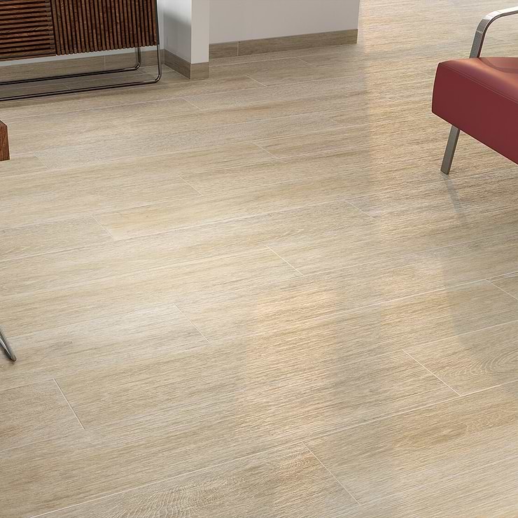 Montana Chestnut Beige 8X45 Natural Porcelain Wood Look Tile; in Beige Porcelain; for Backsplash, Floor Tile, Kitchen Floor, Kitchen Wall, Wall Tile, Bathroom Floor, Bathroom Wall, Shower Wall, Outdoor Floor, Outdoor Wall, Commercial Floor; in Style Ideas Craftsman, Farmhouse, Industrial, Rustic, Traditional
