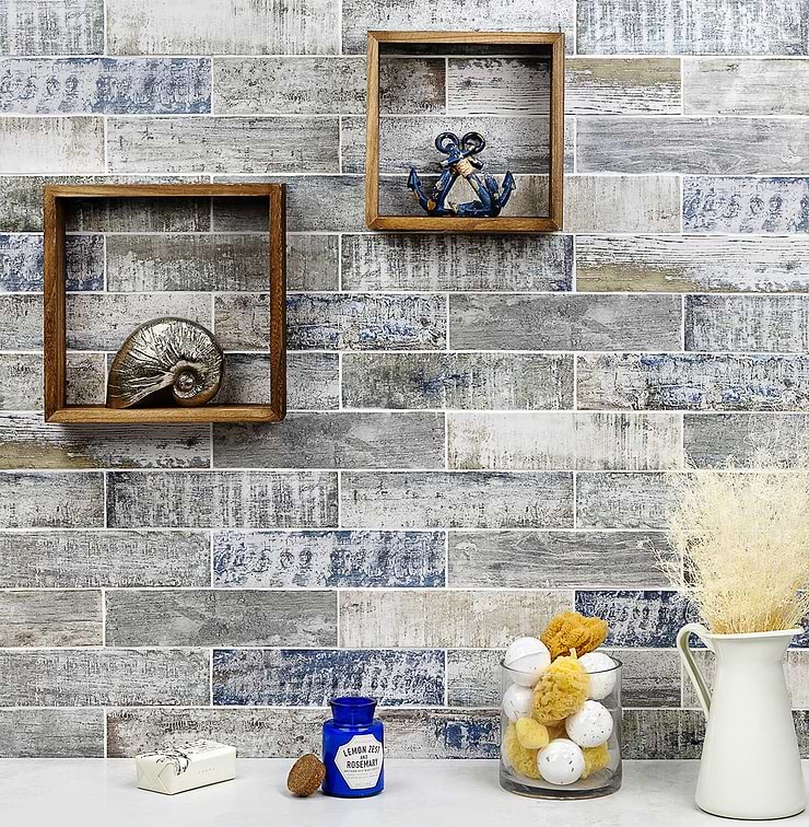 Bayou Riverwood Gray 3X12 Matte Ceramic Subway Tile; in Blue + White + Black White Body Ceramic; for Backsplash, Kitchen Wall, Wall Tile, Bathroom Wall, Shower Wall; in Style Ideas Classic, Farmhouse, Industrial, Traditional