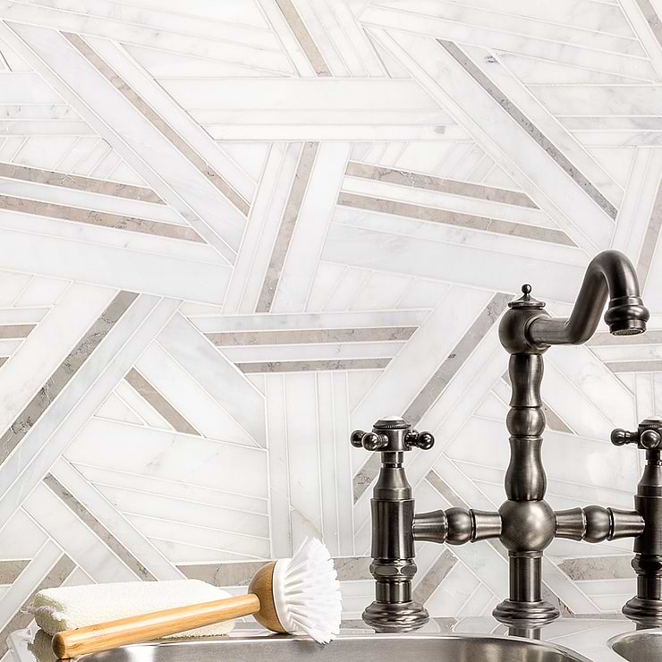 Kairos Moonshine Gray Polished Marble Mosaic; in Gray & White Asian Statuary; for Backsplash, Floor Tile, Kitchen Floor, Kitchen Wall, Wall Tile, Bathroom Floor, Bathroom Wall, Shower Wall, Shower Floor, Outdoor Wall, Commercial Floor; in Style Ideas Art Deco, Craftsman, Contemporary, Modern, Transitional