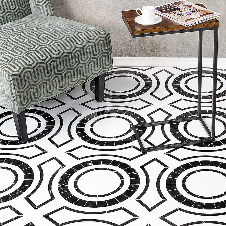 Apogee Skylab Black & White Polished Marble Mosaic; in White & Black Black Marble; for Backsplash, Floor Tile, Kitchen Floor, Kitchen Wall, Wall Tile, Bathroom Floor, Bathroom Wall, Shower Floor, Outdoor Wall, Commercial Floor; in Style Ideas Art Deco, Classic, Contemporary, Mid Century, Modern, Traditional, Transitional, Whimsical