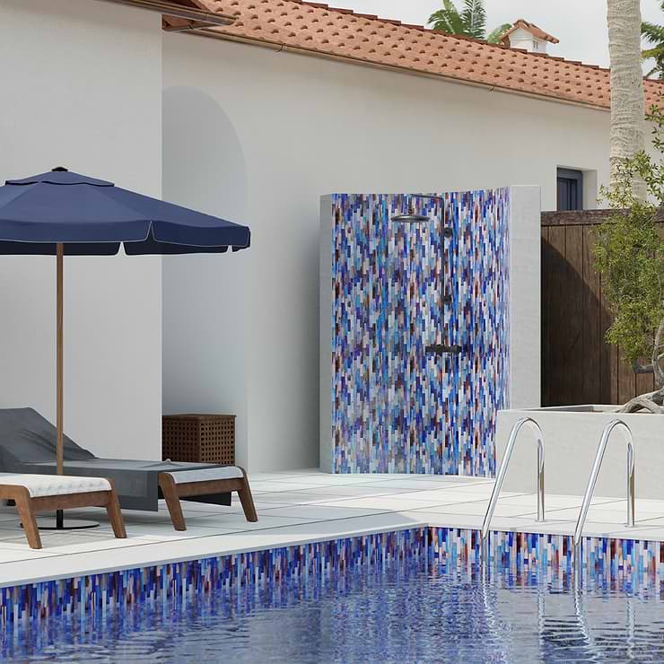 Artwave  Cove Blue Iridescent 1x4 Polished Glass Mosaic Tile; in Blue, Purple Glass; for Backsplash, Kitchen Wall, Wall Tile, Bathroom Wall, Shower Wall, Outdoor Wall, Pool Tile; in Style Ideas Beach, Contemporary, Transitional, Tropical, Whimsical; released 2023; new, trends
