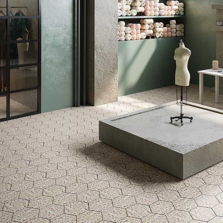 Reef Cream 8" Hexagon Polished Pearl Terrazzo Tile