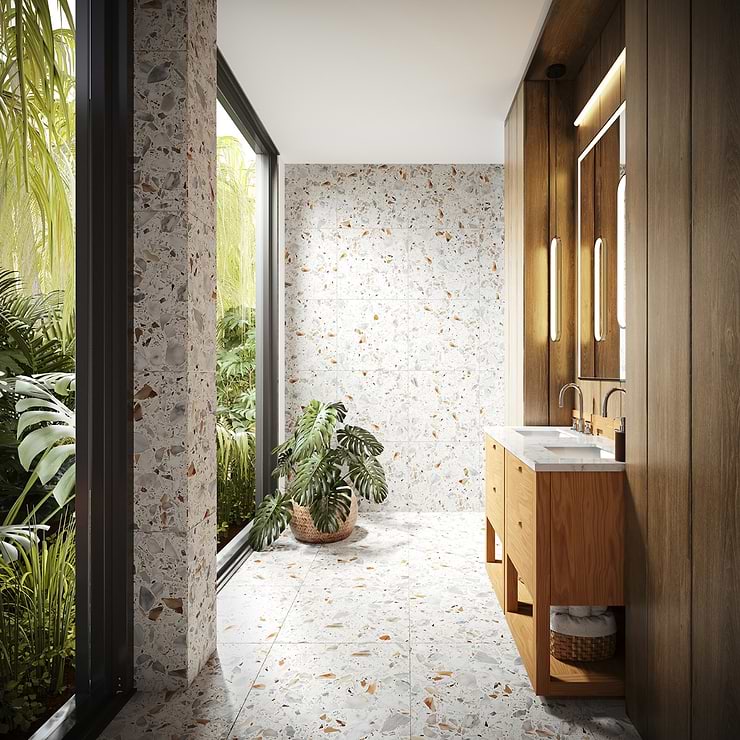 Terrazzo Italy Sacra Calacatta White 24x24 Honed Terrazzo Tile; in White + Cream Resin; for Backsplash, Floor Tile, Kitchen Floor, Kitchen Wall, Wall Tile, Bathroom Floor, Bathroom Wall, Shower Wall, Shower Floor, Outdoor Floor, Outdoor Wall, Commercial Floor; in Style Ideas Classic, Craftsman, Industrial, Mid Century, Modern, Rustic; released 2023; new, trends