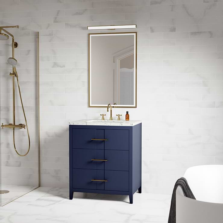 Iconic 30" Navy and Gold Vanity with Carrara Marble Top and Ceramic Basin