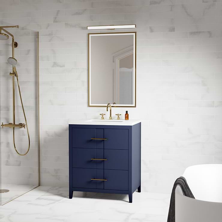 Iconic 30" Navy and Gold Vanity with Pure White Quartz Top and Ceramic Basin
