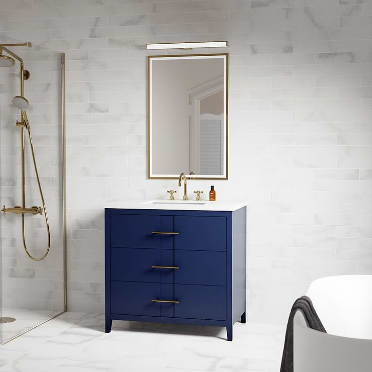 Iconic 36" Navy and Gold Vanity with Pure White Quartz Top and Ceramic Basin